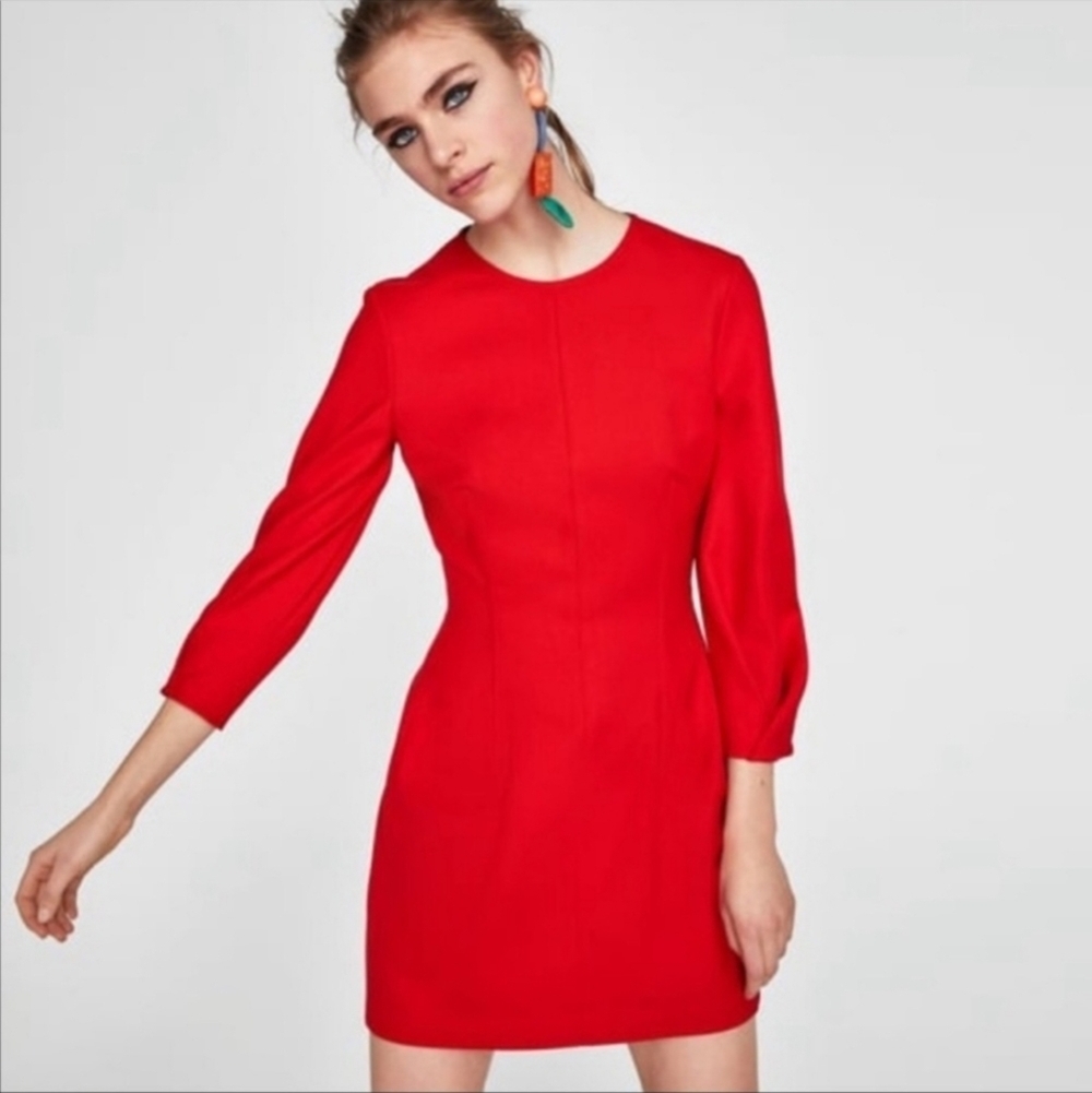 ZARA Mini Voluminous Dress Red 3/4 Pleated Sleeves Size 8 - Picture 3 of 7